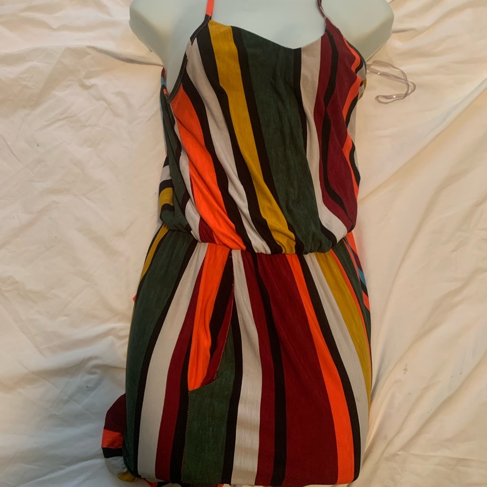 Multi color striped romper with ruffle